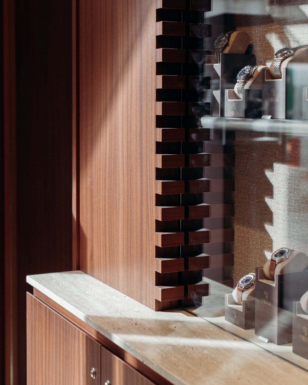 Natural wood veneer furniture in YEMA boutique interior
